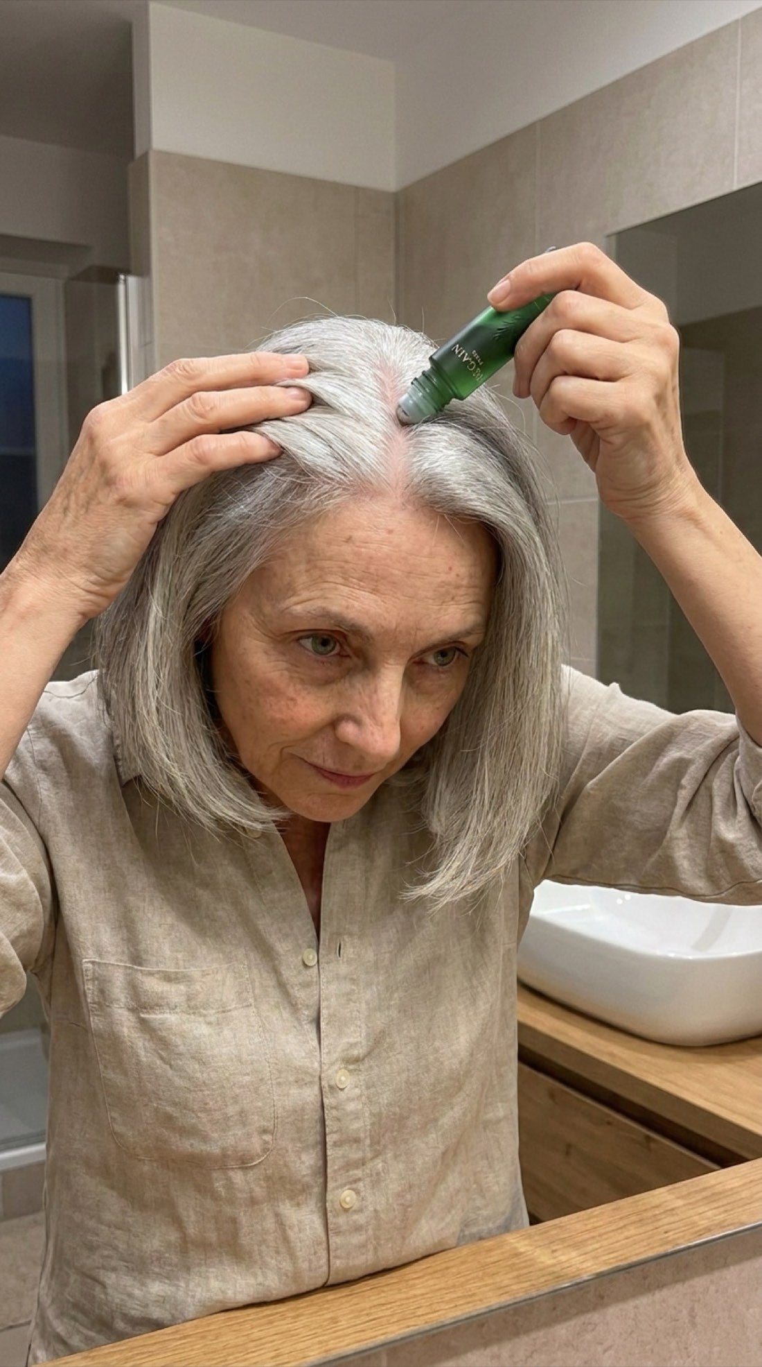 Sylvie ouvre sa raie d'une main et trace la bille du roll-on REGAIN sur son cuir chevelu, devant le miroir de la salle de bain