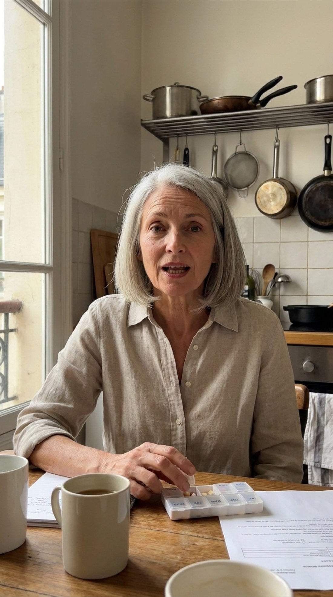 Sylvie, 58 ans, cheveux argentés au carré, assise à la table de sa cuisine face à la caméra, un pilulier hebdomadaire posé devant elle